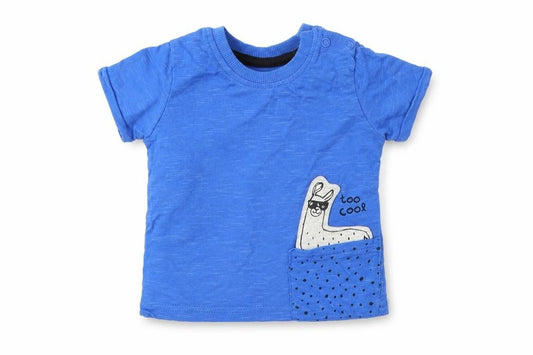 Front view of George boys’ blue cotton basic t-shirt, size 0-3, months round neck pullover - llama