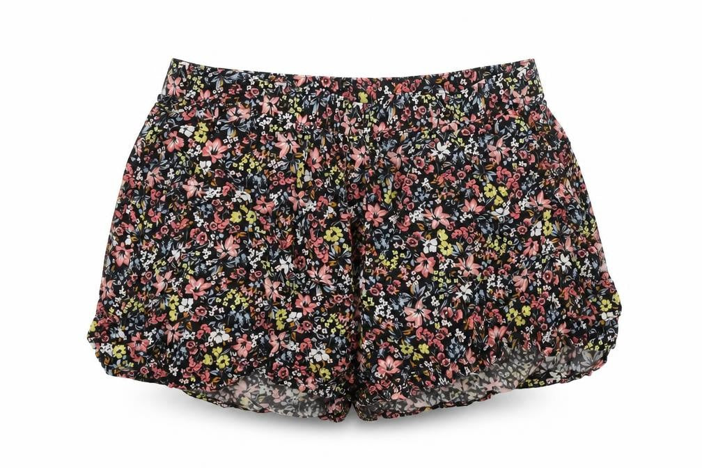 Front view of H&M women’s black floral viscose hot pants shorts, size UK 12, 3-inch leg regular pull on