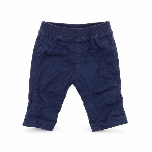 Front view of Matalan boys’ blue cotton jogger trousers, size 6-9, months pullover