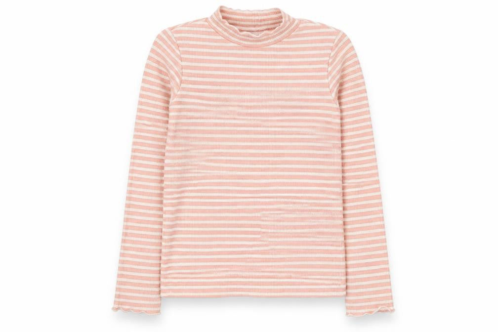 F&F Girls Pink Striped Viscose Basic T-Shirt Size 9-10 Years Round Neck Pullover
