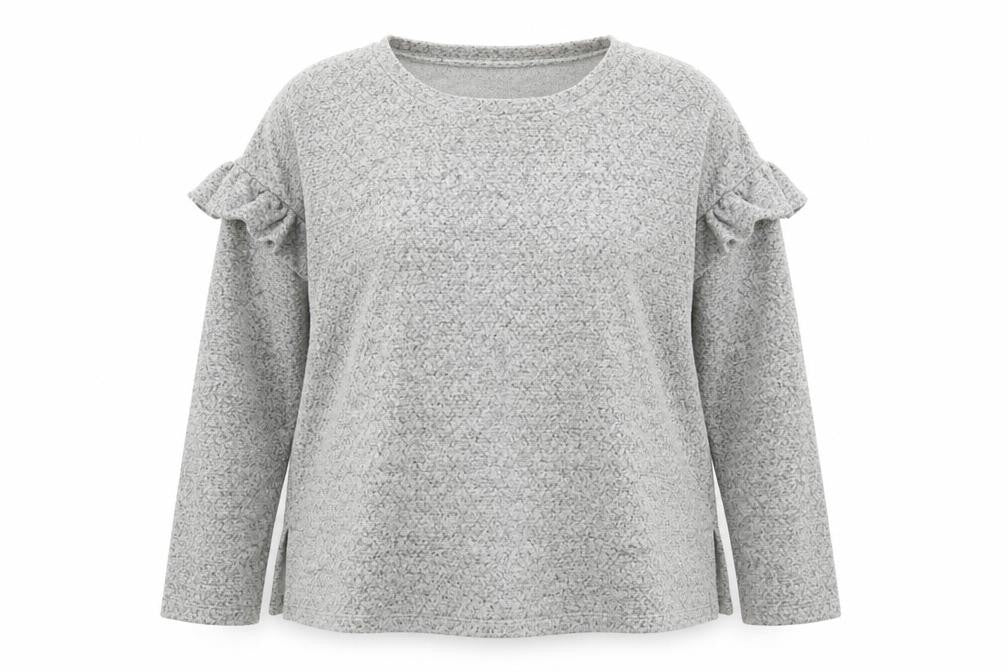 Front view of F&F women’s grey round neck acrylic jumper, size UK 12