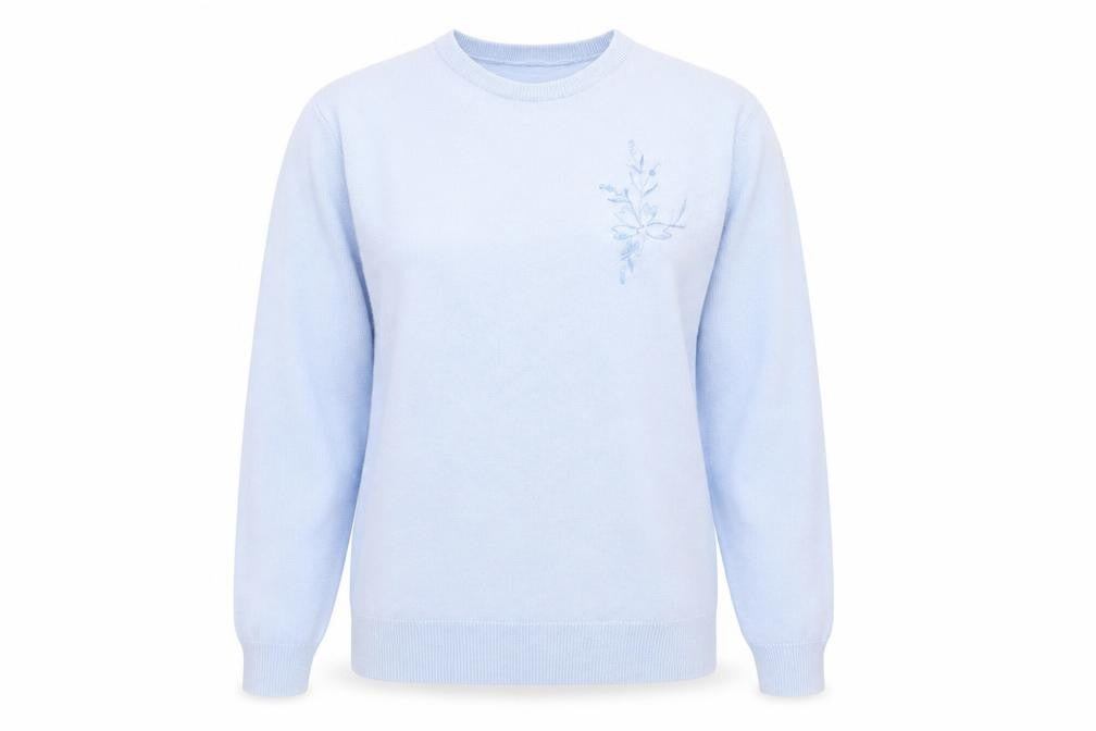 Front view of Preworn women’s blue round neck polyester jumper, size S