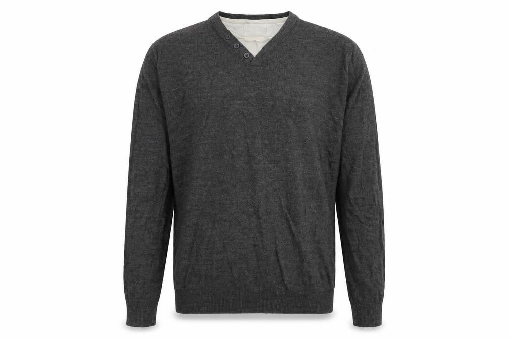 Front view of Tu men’s grey round neck acrylic jumper, size L