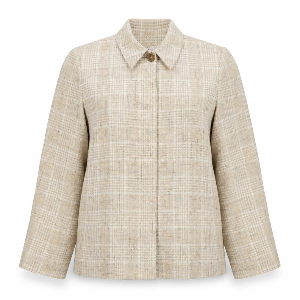 Front view of Field Manor women’s beige plaid jacket, size UK 8