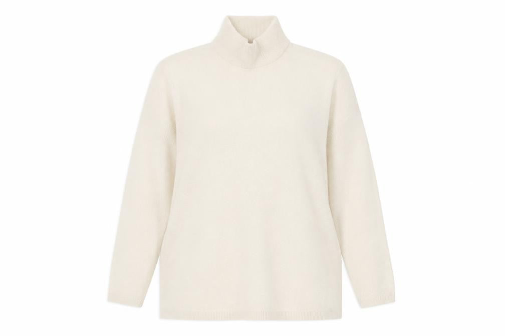 Front view of L.X.D women’s ivory high neck acrylic jumper, size UK 16
