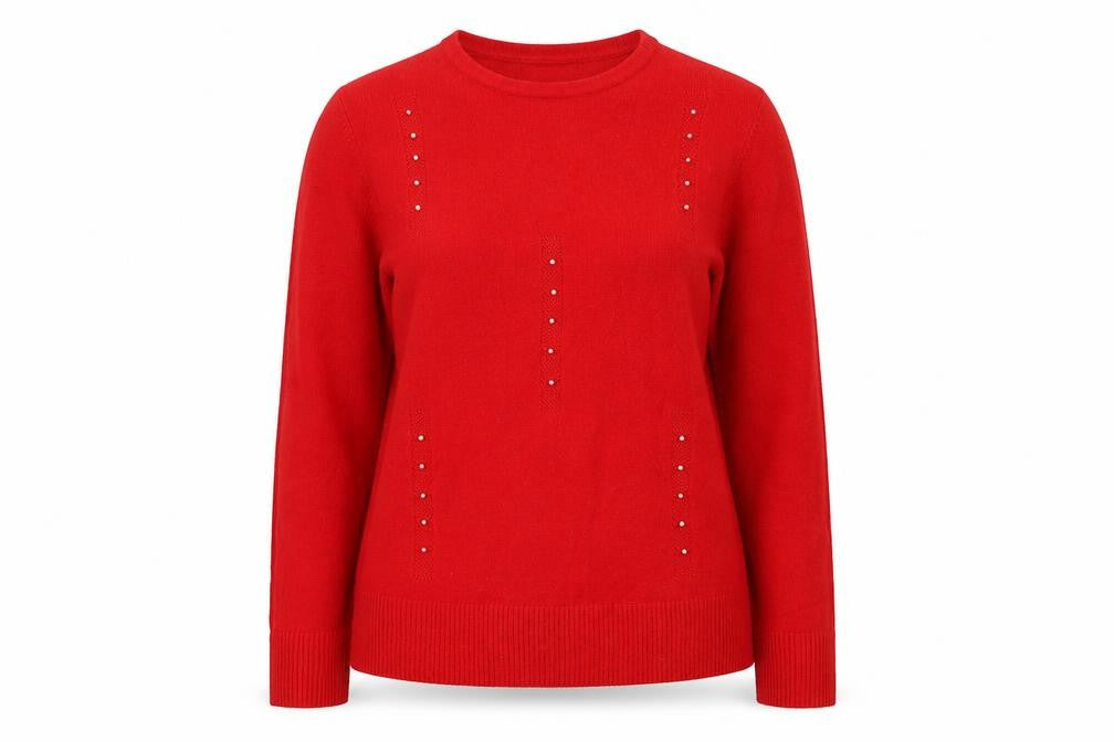 Front view of Ellie B women’s red round neck acrylic jumper, size L