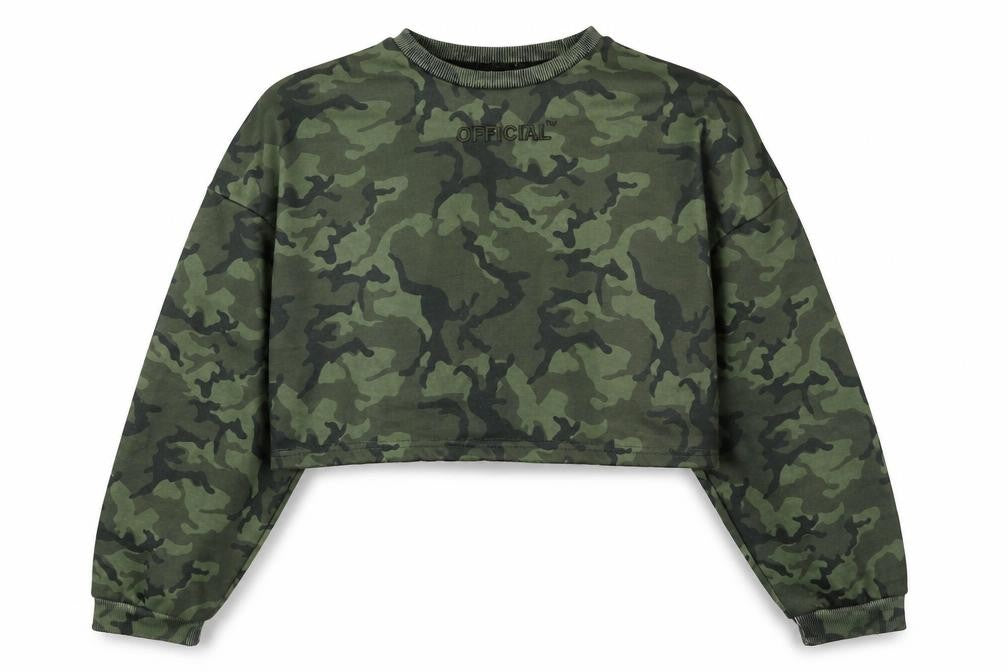Front view of Boohoo women’s green camouflage polyester pullover sweatshirt, size UK 12