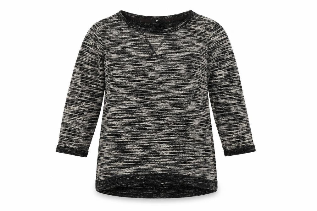 Front view of H&M women’s grey round neck striped polyester jumper, size XS