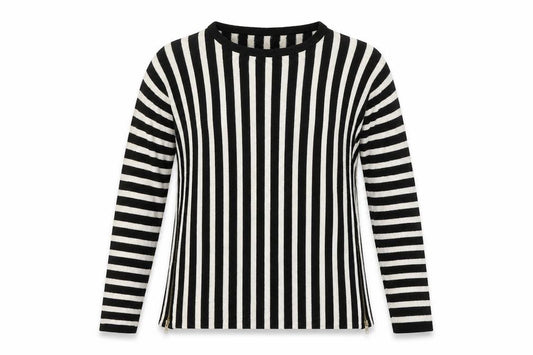 Front view of Atmosphere women’s multicoloured round neck striped viscose jumper, size UK 6