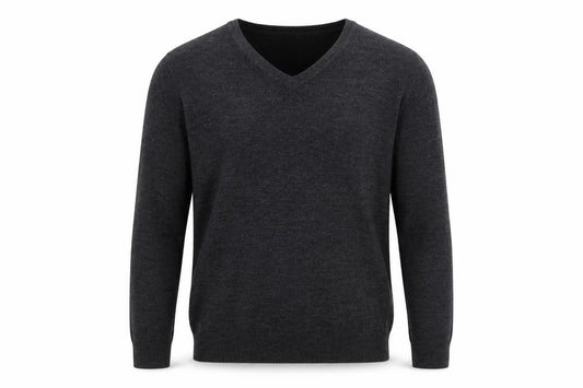 Front view of Easy men’s grey round neck acrylic jumper, size L