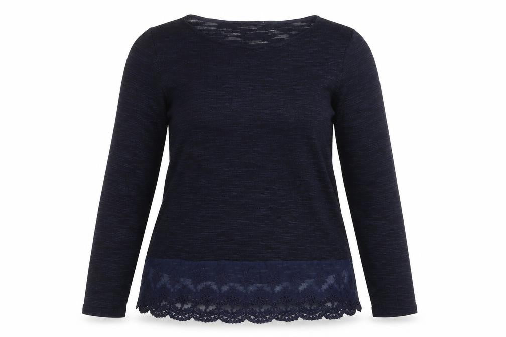 Front view of Preworn women’s blue round neck geometric acrylic jumper, size M