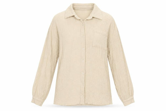 Front view of PRETTYLITTLETHING women’s beige polyester basic button-up, size UK 10, collared