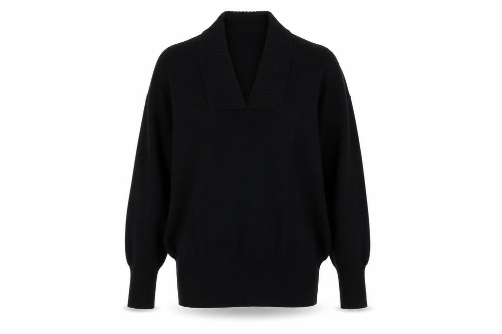 Front view of Escorpion women’s black collared acrylic jumper, size UK 16