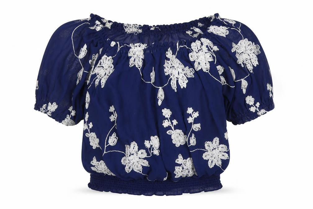 Front view of Quiz women’s blue floral polyester basic blouse, size UK 10, scoop neck