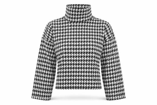 Front view of PRETTYLITTLETHING women’s multicoloured houndstooth polyester basic blouse, size M, high neck