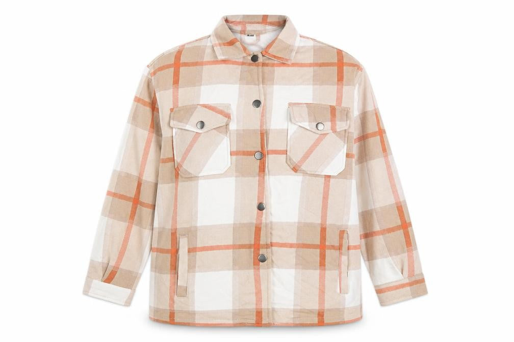 Front view of Preworn women’s multicoloured plaid jacket, size M, snap