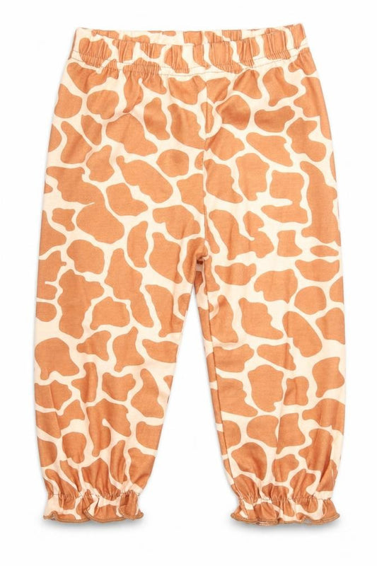 Front view of prewornq girls’ brown geometric cotton capri trousers, size 9-12, months pullover