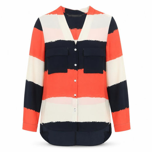 Front view of Zara women’s orange striped polyester basic button-up, size S, v-neck