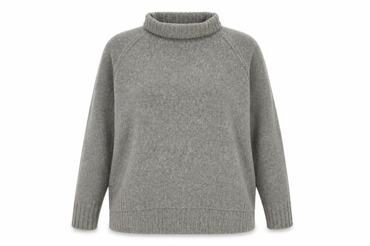Front view of H&M women’s grey roll neck acrylic jumper, size XL