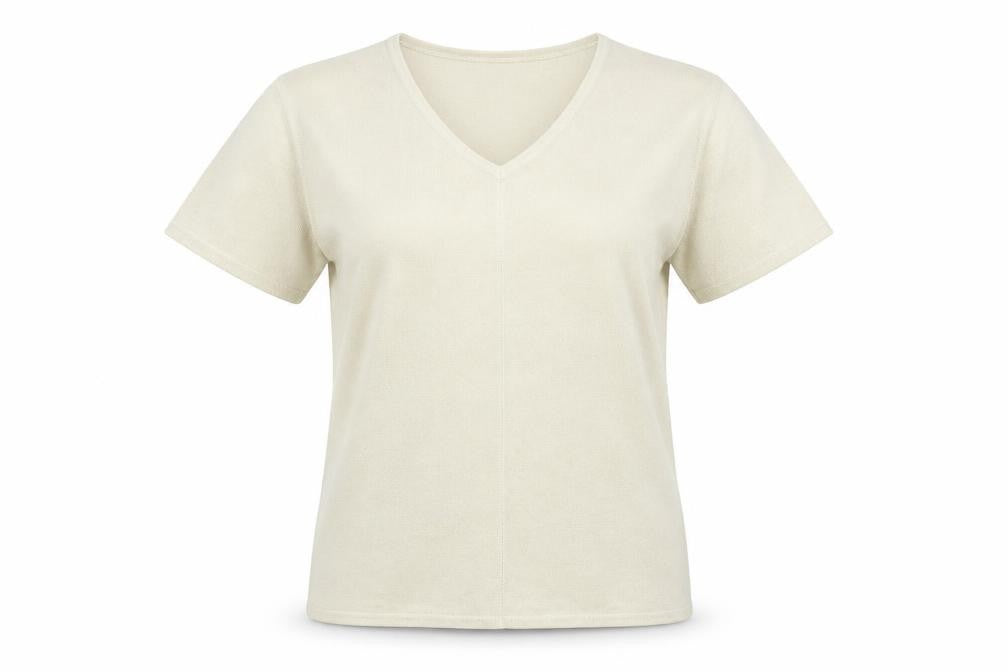 Front view of Etam women’s beige v-neck polyester jumper, size UK 12