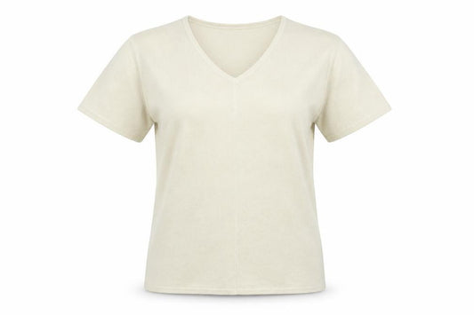 Front view of Etam women’s beige v-neck polyester jumper, size UK 12
