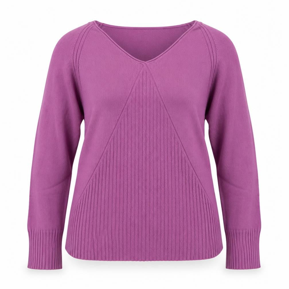 Front view of Country Casuals women’s purple v-neck viscose jumper, size M