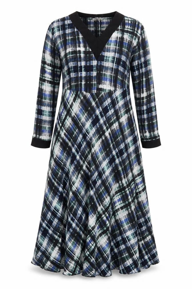 Front view of Store WF women’s multicoloured plaid polyester a-line, size UK 8, v-neck
