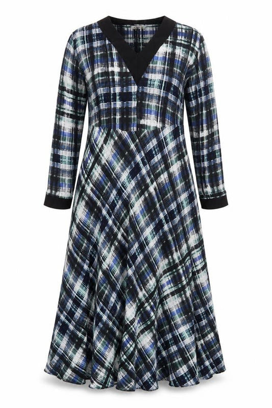 Front view of Store WF women’s multicoloured plaid polyester a-line, size UK 8, v-neck