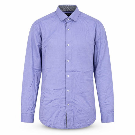 Front view of Autograph men’s blue cotton button-up, size 15.5 collared