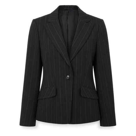 Front view of F&F women’s black striped polyester jacket suit jacket, size UK 12