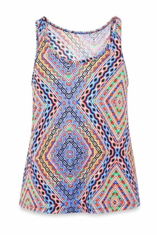 Front view of Atmosphere women’s multicoloured geometric cotton basic tank, size UK 8, round neck