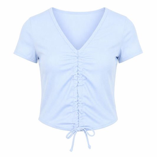 Front view of Boohoo women’s blue polyester cropped t-shirt, size UK 6, v-neck