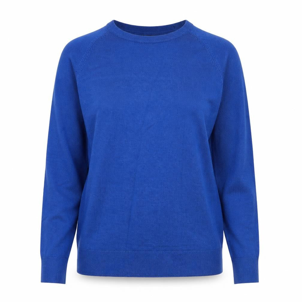 Front view of Dunnes women’s blue round neck viscose jumper, size XS