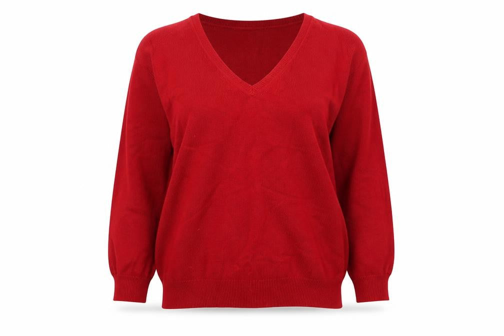 Front view of Marks & Spencer women’s red v-neck viscose jumper, size UK 12