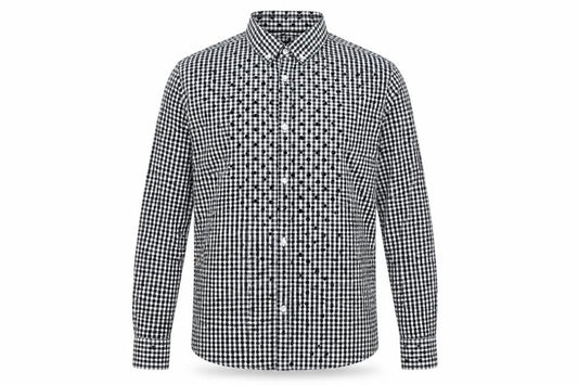 Front view of H&M men’s black check cotton button-up, size M, collared button
