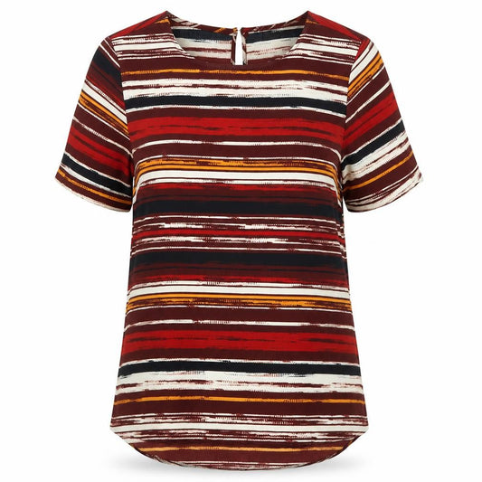 Front view of Primark women’s multicoloured round neck striped polyester jumper, size UK 8