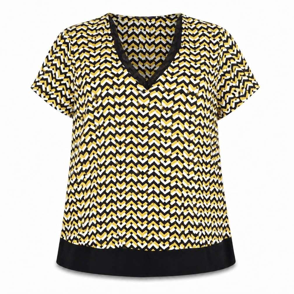 Front view of Marks & Spencer women’s gold viscose basic blouse, size UK 18, v-neck