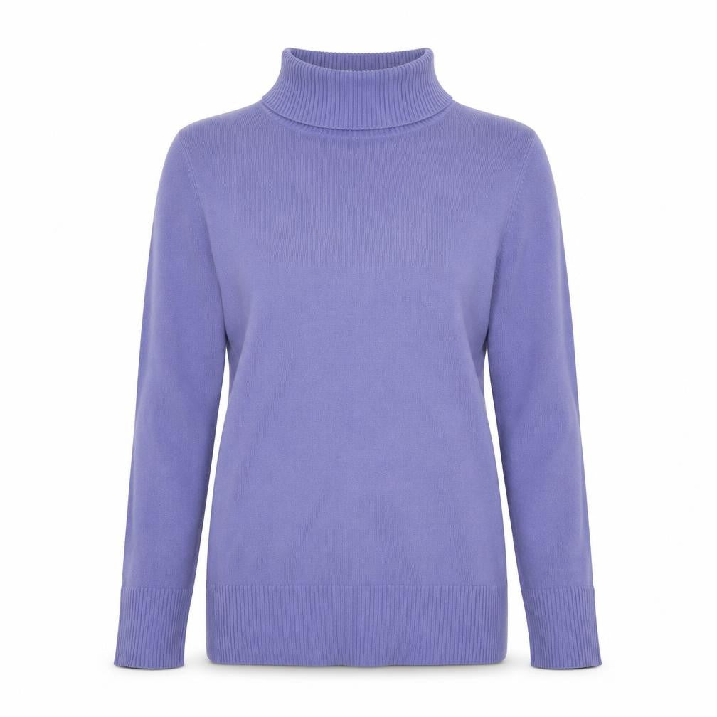 Front view of BHS women’s purple roll neck acrylic jumper, size UK 12