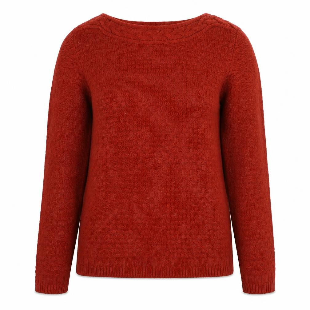 Front view of Isle women’s red round neck acrylic jumper, size S