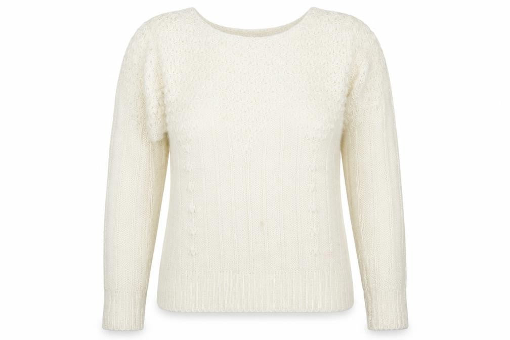 Front view of Primark women’s white scoop neck acrylic jumper, size UK 8