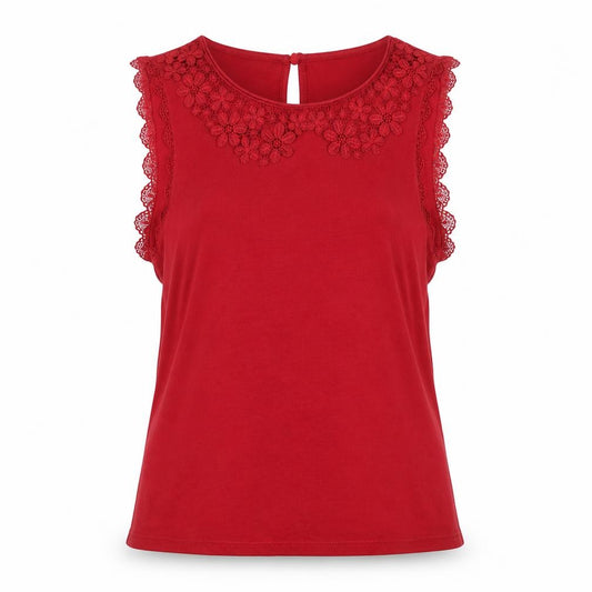 Front view of Topshop women’s red polyester basic tank, size UK 6, round neck