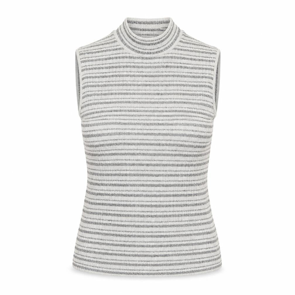 Front view of New Look women’s grey striped cotton basic tank, size UK 8, high neck