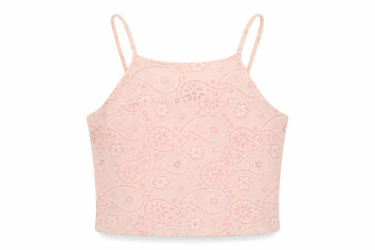 Front view of Style London women’s pink paisley polyester cropped tank, size XS, square neck