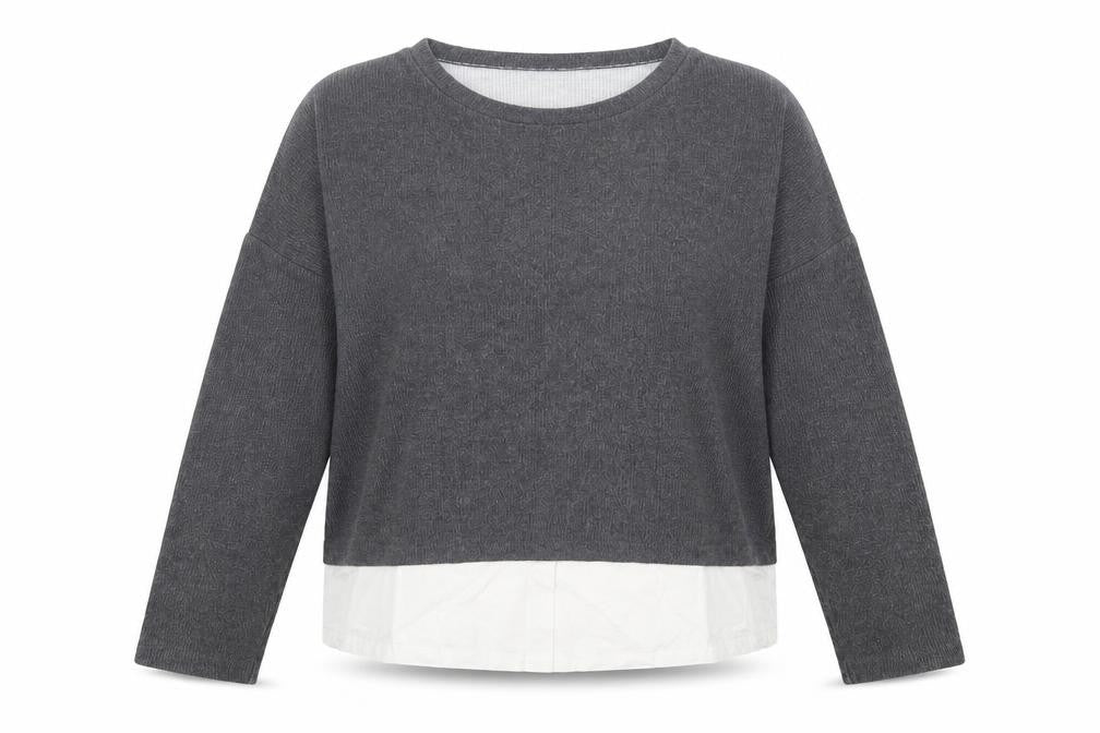 Front view of New Look women’s grey crew neck polyester jumper, size UK 18