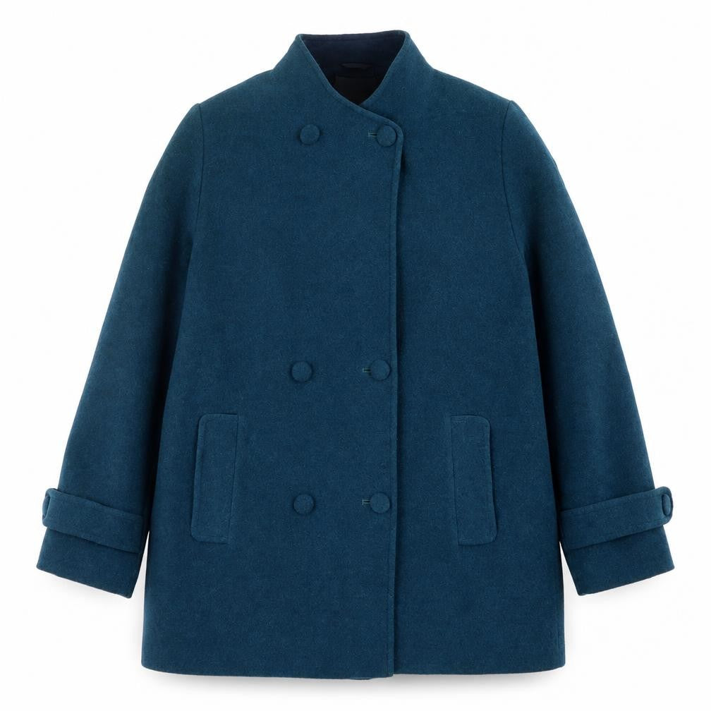 Front view of EWM women’s green overcoat coat, size UK 16, button