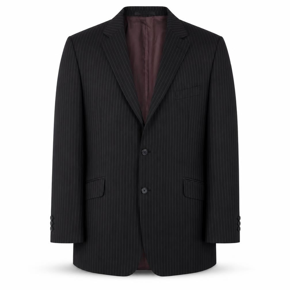 Front view of Preworn men’s black striped polyester jacket suit, size 46