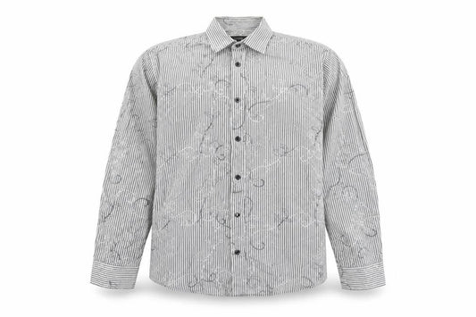 Front view of Peter Werth men’s multicoloured striped cotton button-up, size M, collared button