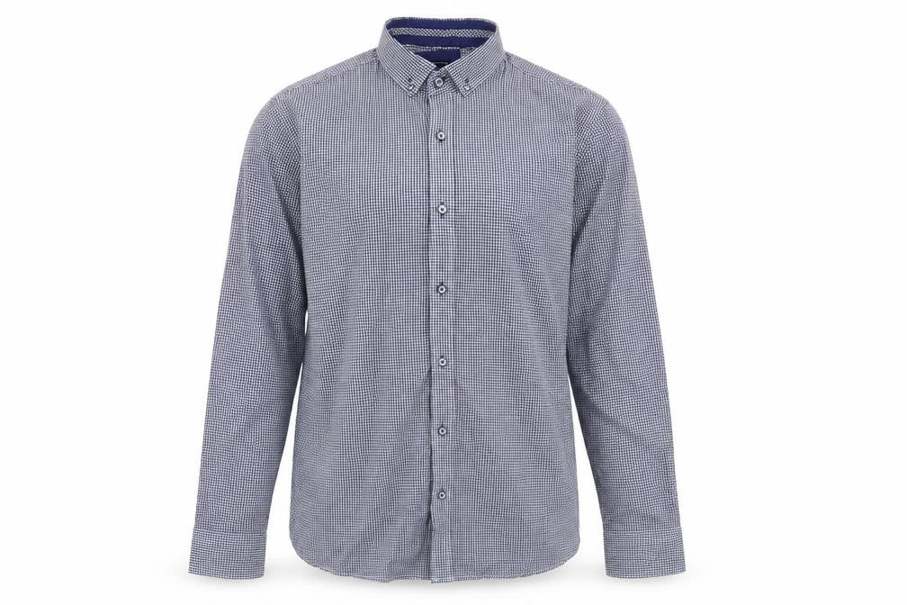 Front view of Daniel Rosso men’s blue check cotton button-up, size L, collared