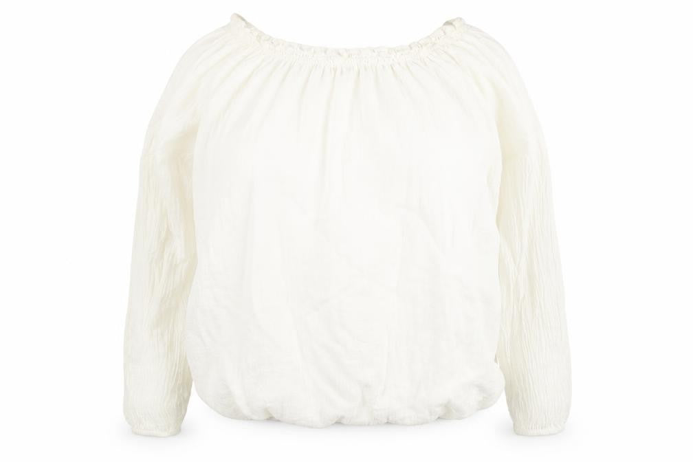 Front view of Preworn women’s white viscose basic blouse, size UK 14, off the shoulder