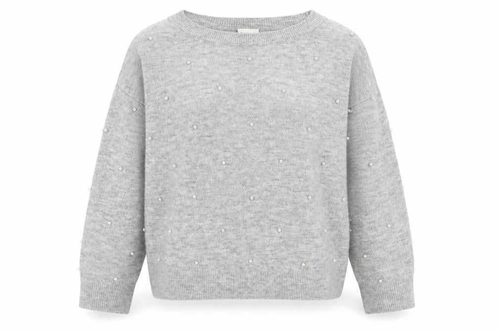 Front view of H&M women’s grey round neck acrylic jumper, size M